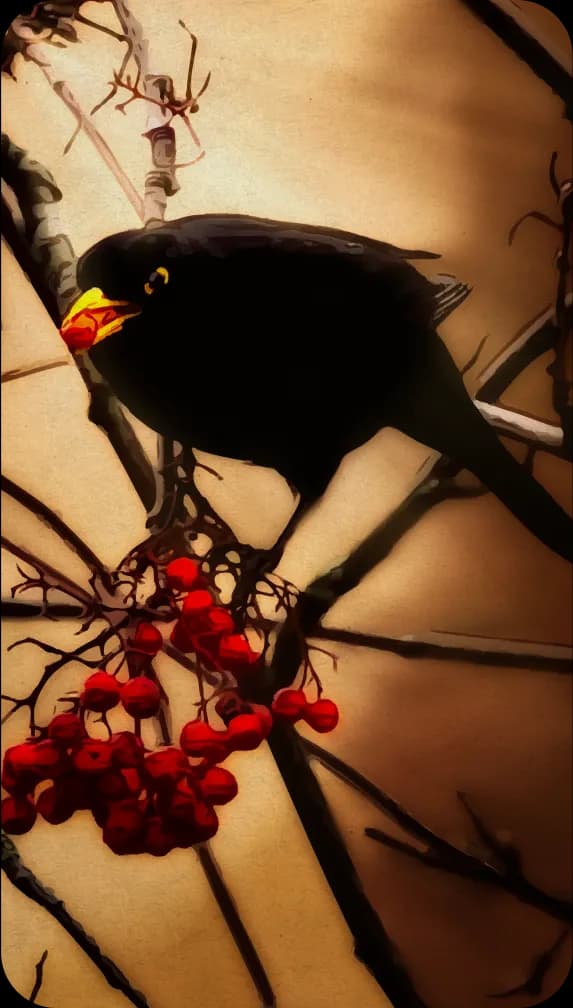 A blackbird holding a red berry in its mouth, perched on a tree of berries.