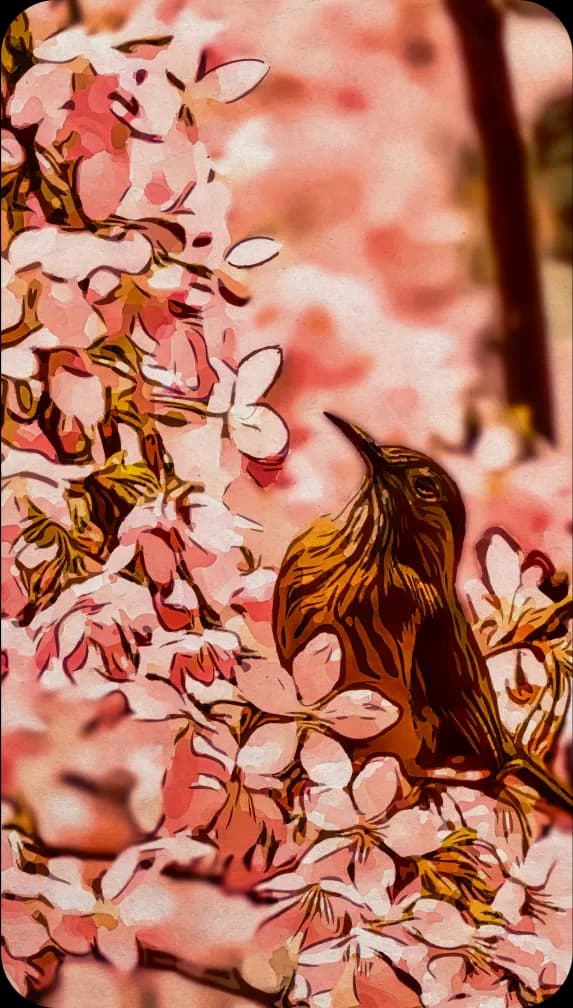 The Mystic: A small brown bird in a sea pink blooms.