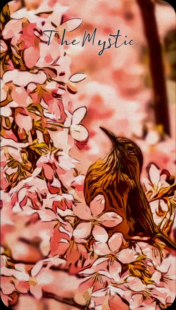 A small brown bird, looking up, embedded in pink flowers.