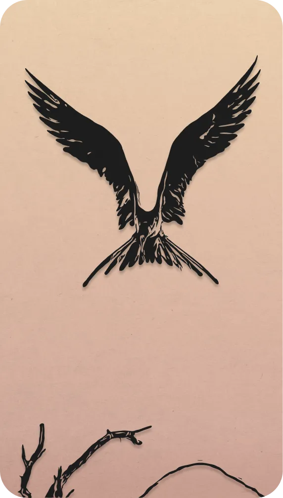 The Devil: Silhouette of a diving hawk, fallen angel wings outspread.